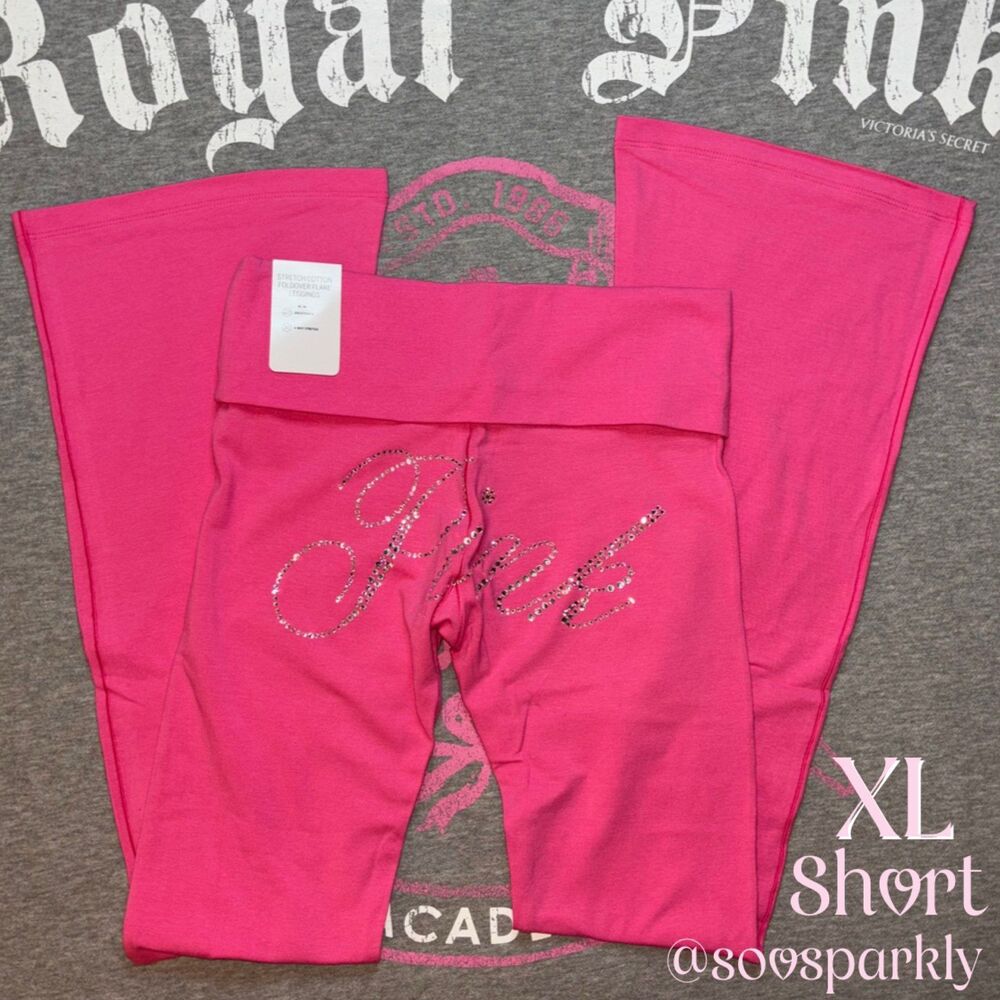 Victoria’s Secret PINK Carmine Rose Hot Pink Bling Foldover Flare Leggings XL